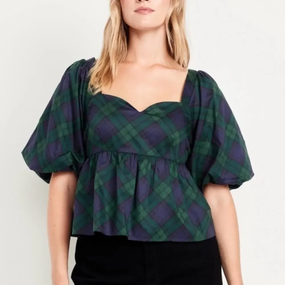 Old Navy green plaid Puff-Sleeve Plaid Poplin Peplum Top